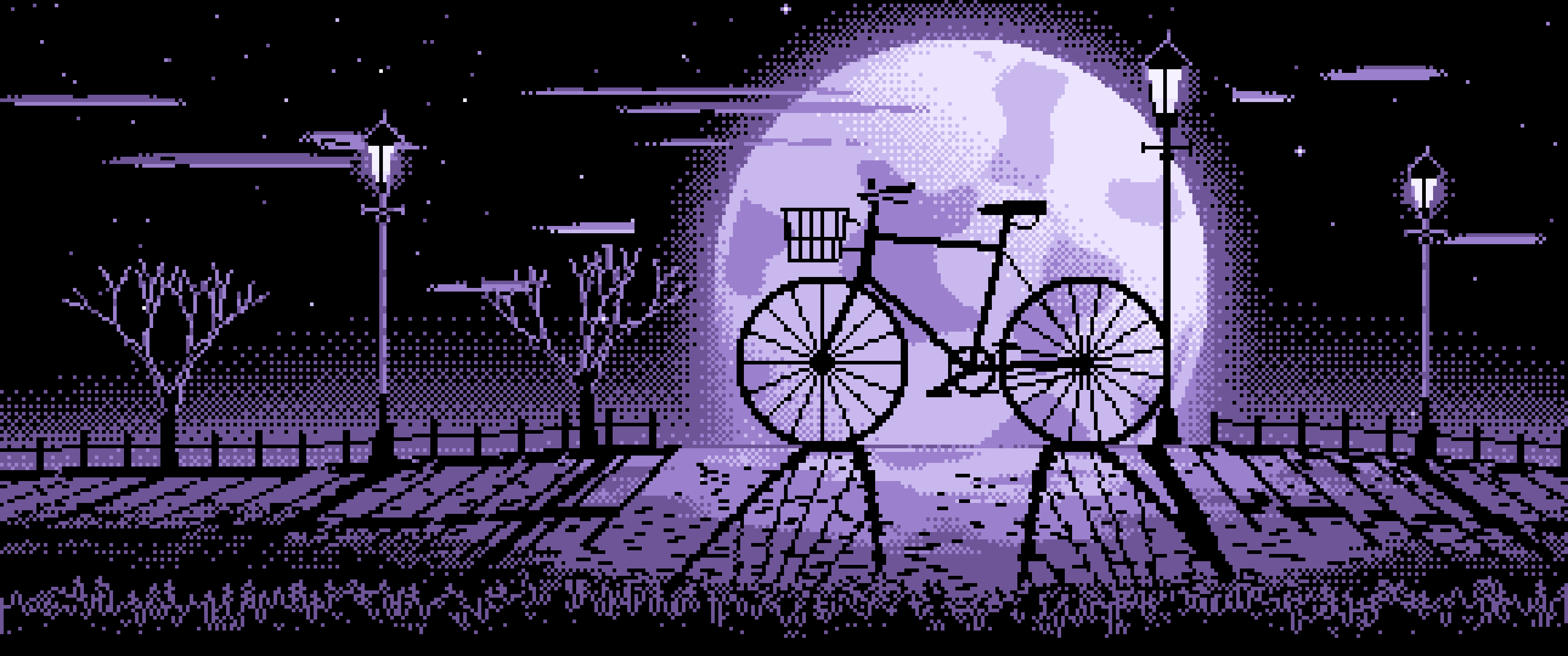 Lavender Pixel Art Bicycle by a Street Lamp ultrawide wallpaper, 3440 × 1440