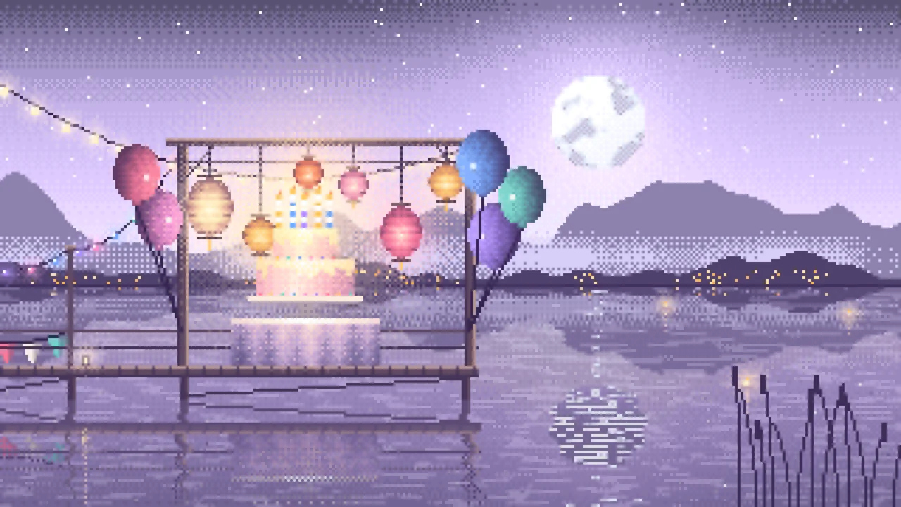 Lavender Pixel Art Birthday Party on a Lake desktop wallpaper in 4K