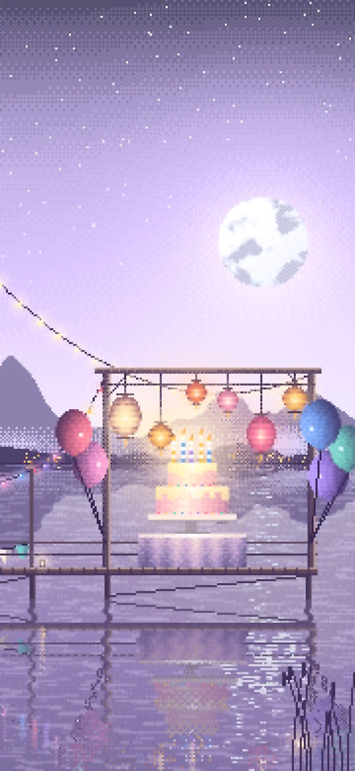 Lavender Pixel Art Birthday Party on a Lake wallpaper for iPhone and Android