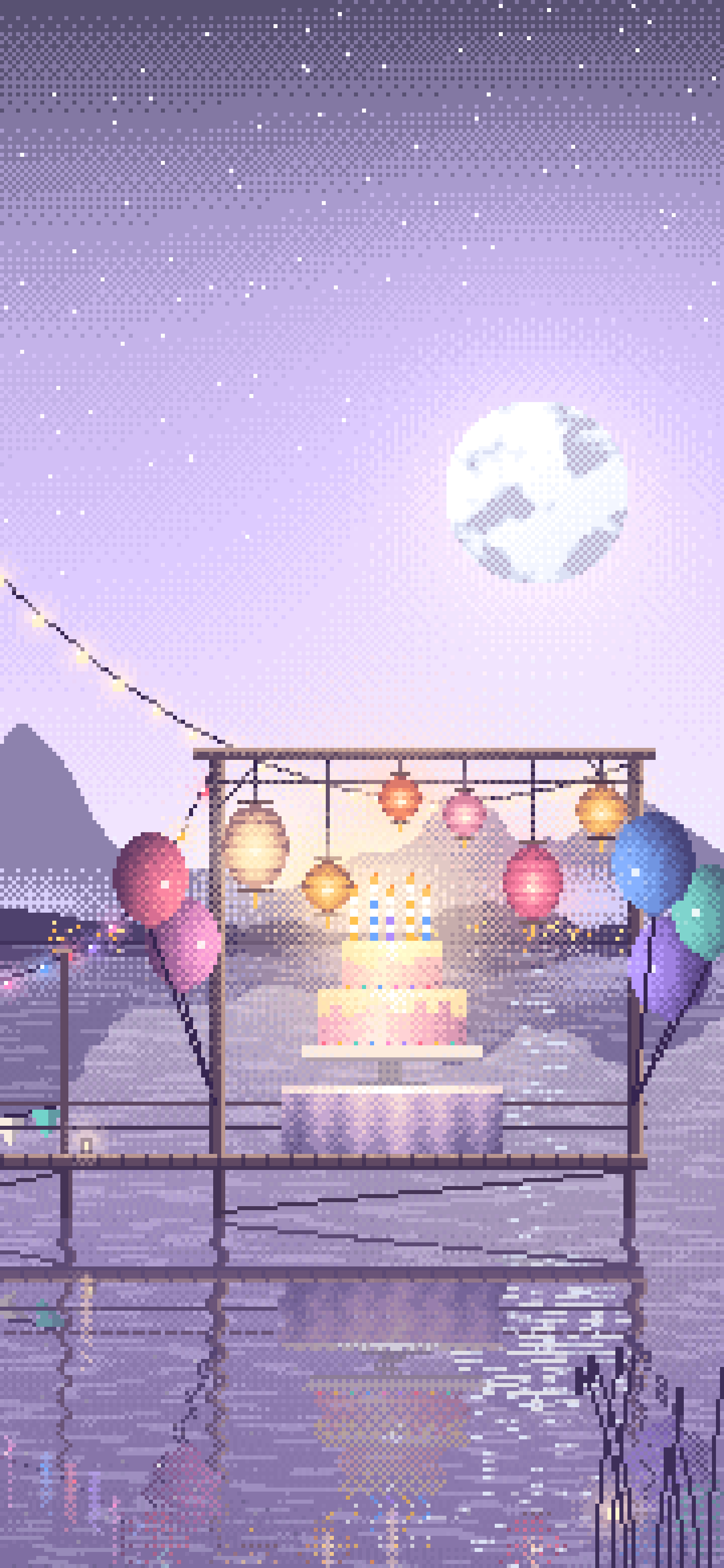 Lavender Pixel Art Birthday Party on a Lake wallpaper for iPhone and Android