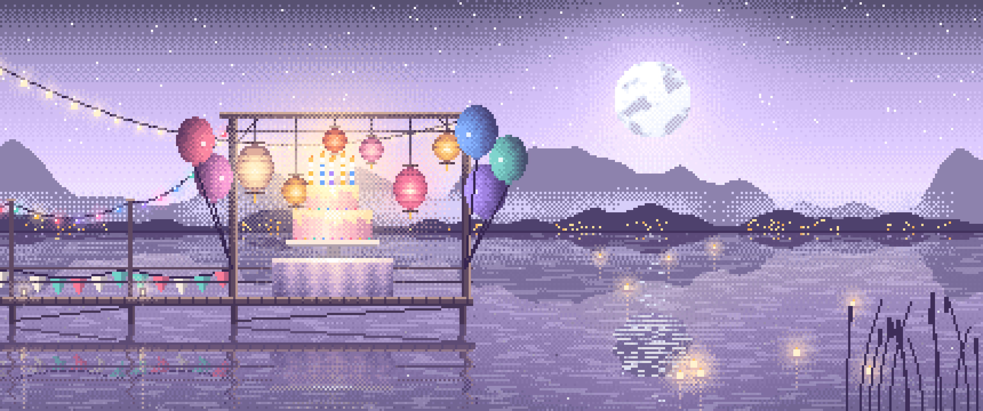 Lavender Pixel Art Birthday Party on a Lake ultrawide wallpaper, 3440 × 1440