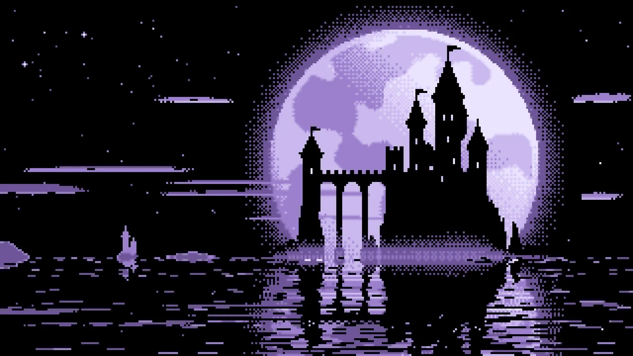 Lavender Pixel Art Castle and Full Moon desktop wallpaper in 4K