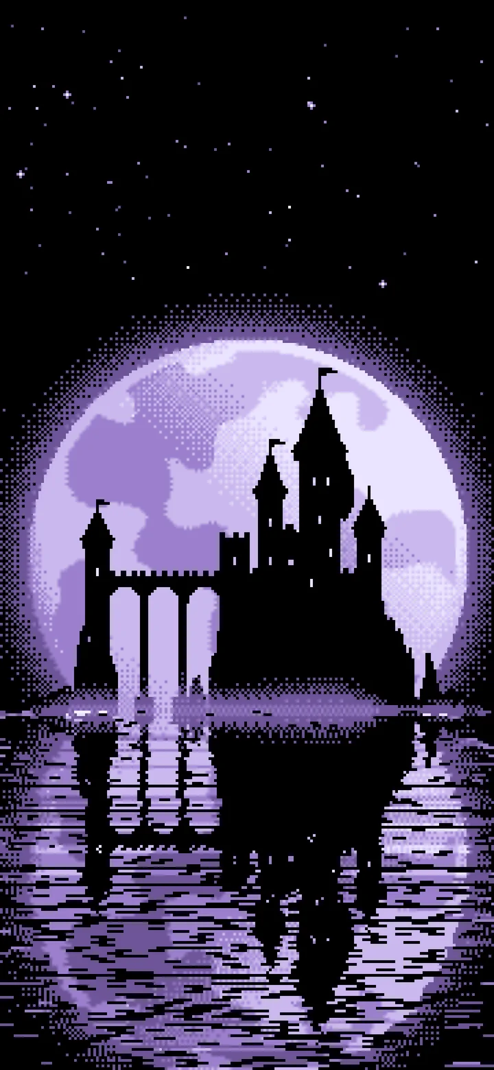 Lavender Pixel Art Castle and Full Moon wallpaper for iPhone and Android