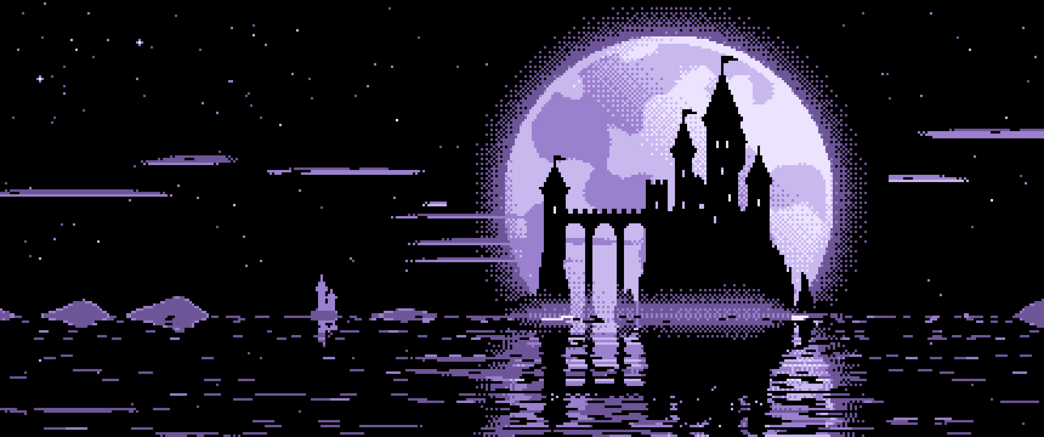Lavender Pixel Art Castle and Full Moon ultrawide wallpaper, 3440 × 1440