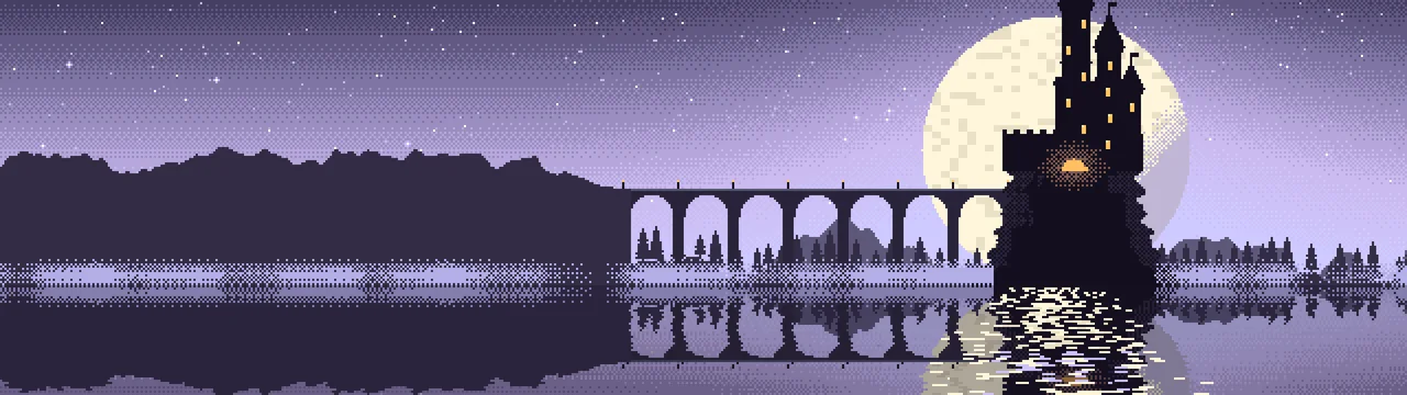 Lavender Pixel Art Castle dual monitor wallpaper, 7680 × 2160