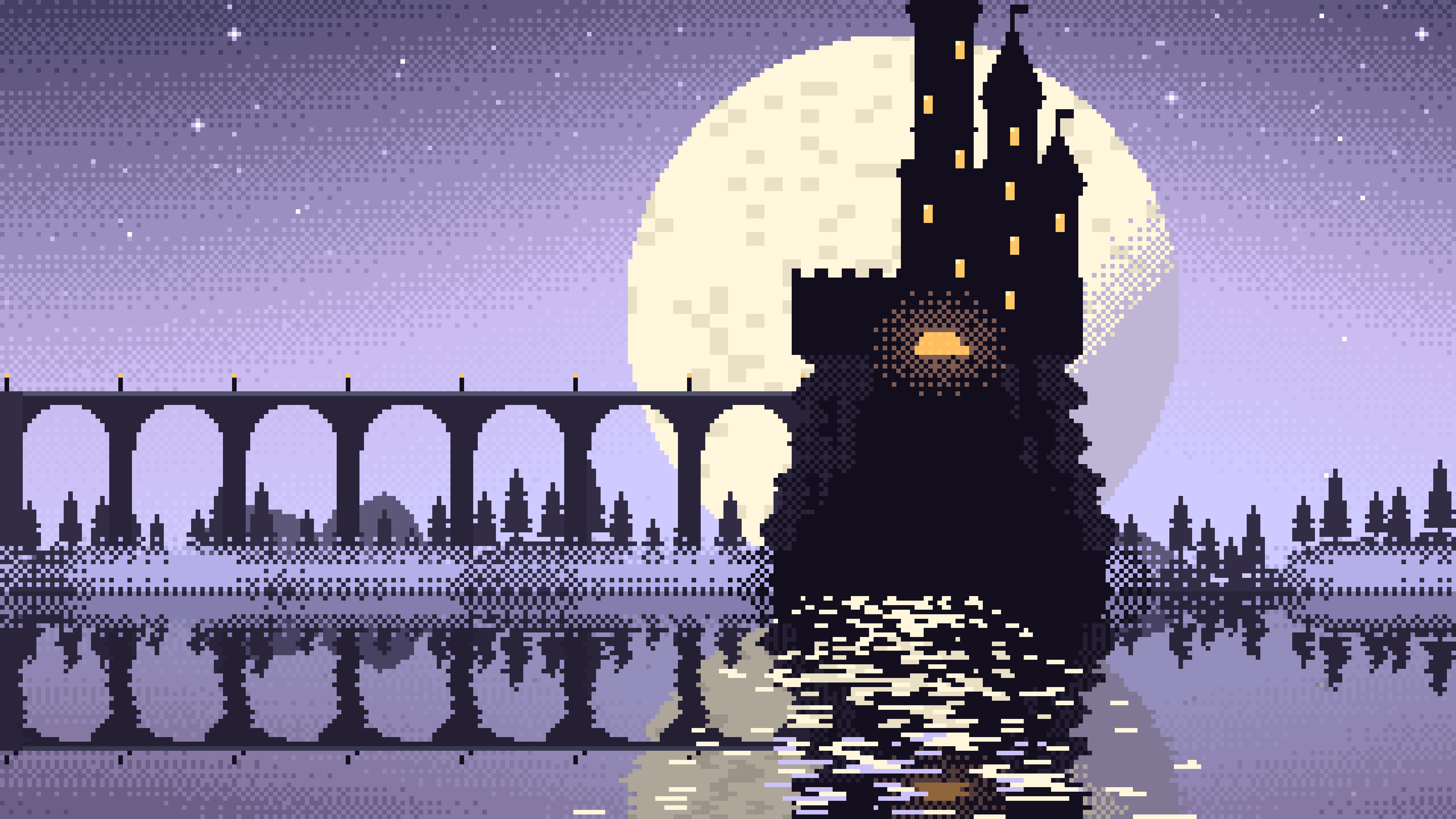 Lavender Pixel Art Castle desktop wallpaper in 4K