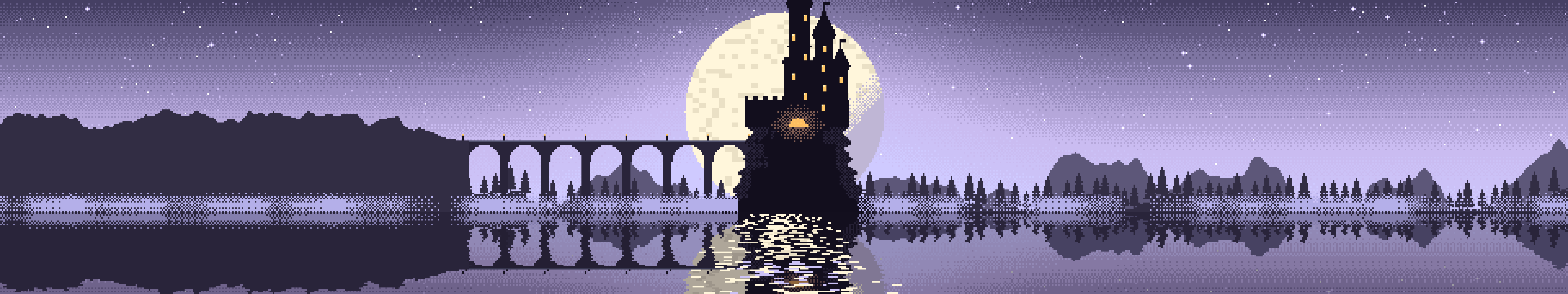 Lavender Pixel Art Castle triple monitor wallpaper, 7680 × 1440