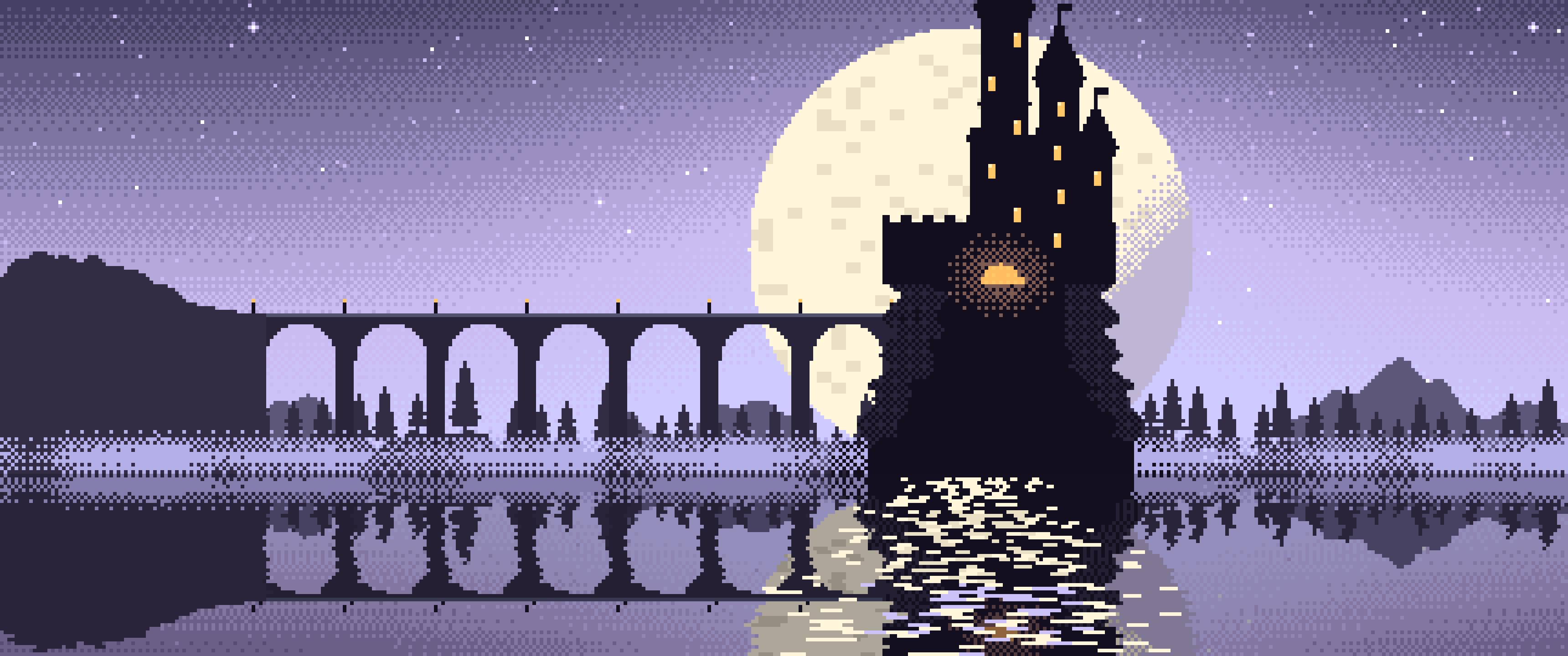 Lavender Pixel Art Castle ultrawide wallpaper, 3440 × 1440