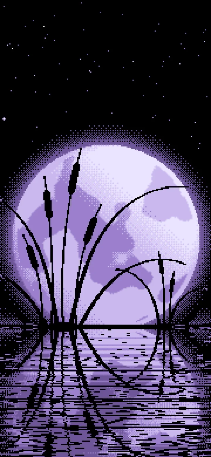Lavender Pixel Art Cattails and Full Moon wallpaper for iPhone and Android