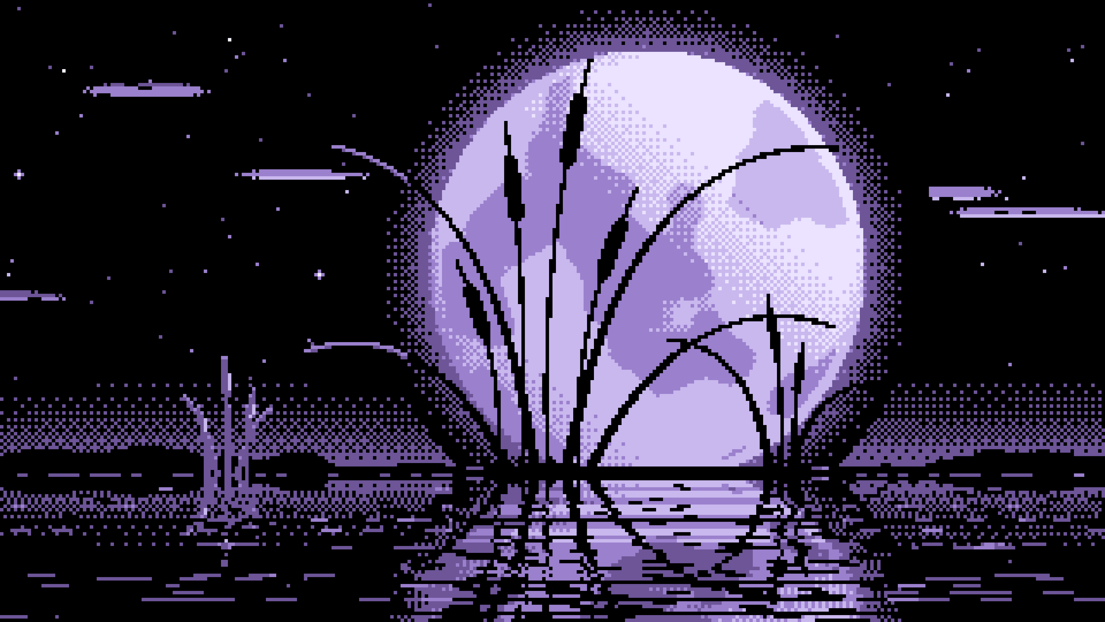 Lavender Pixel Art Cattails and Full Moon desktop wallpaper in 4K