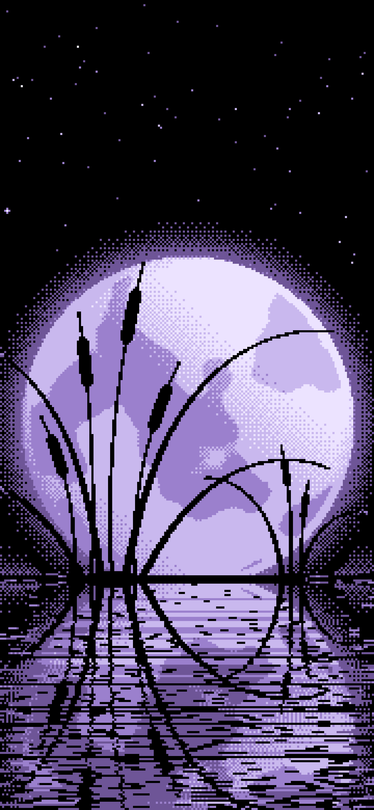 Lavender Pixel Art Cattails and Full Moon wallpaper for iPhone and Android