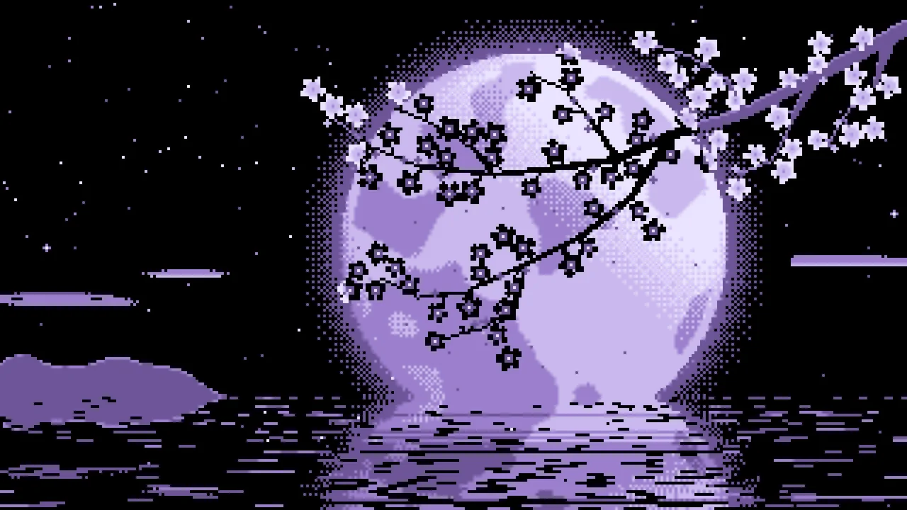 Lavender Pixel Art Cherry Blossom Branch and Full Moon desktop wallpaper in 4K
