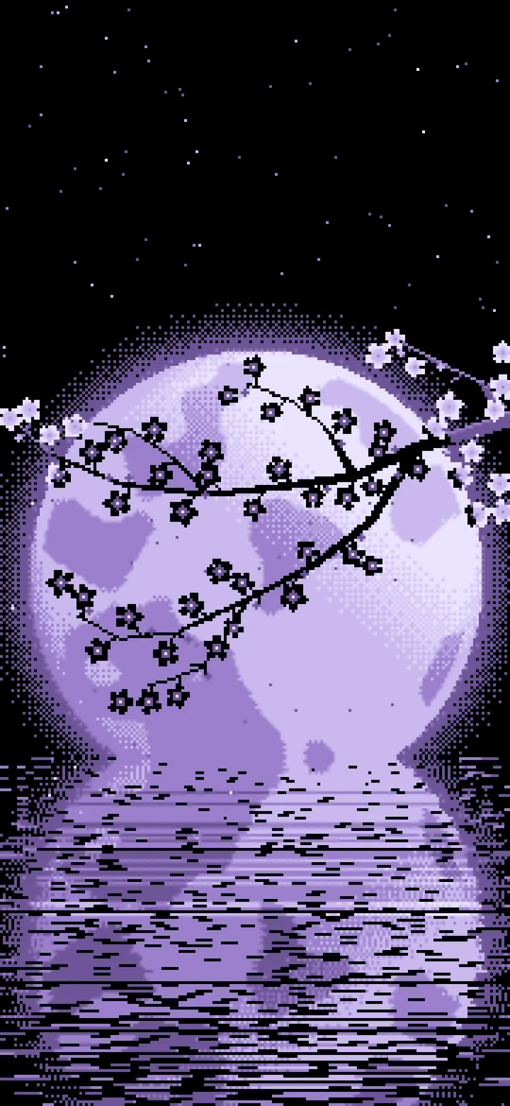 Lavender Pixel Art Cherry Blossom Branch and Full Moon wallpaper for iPhone and Android