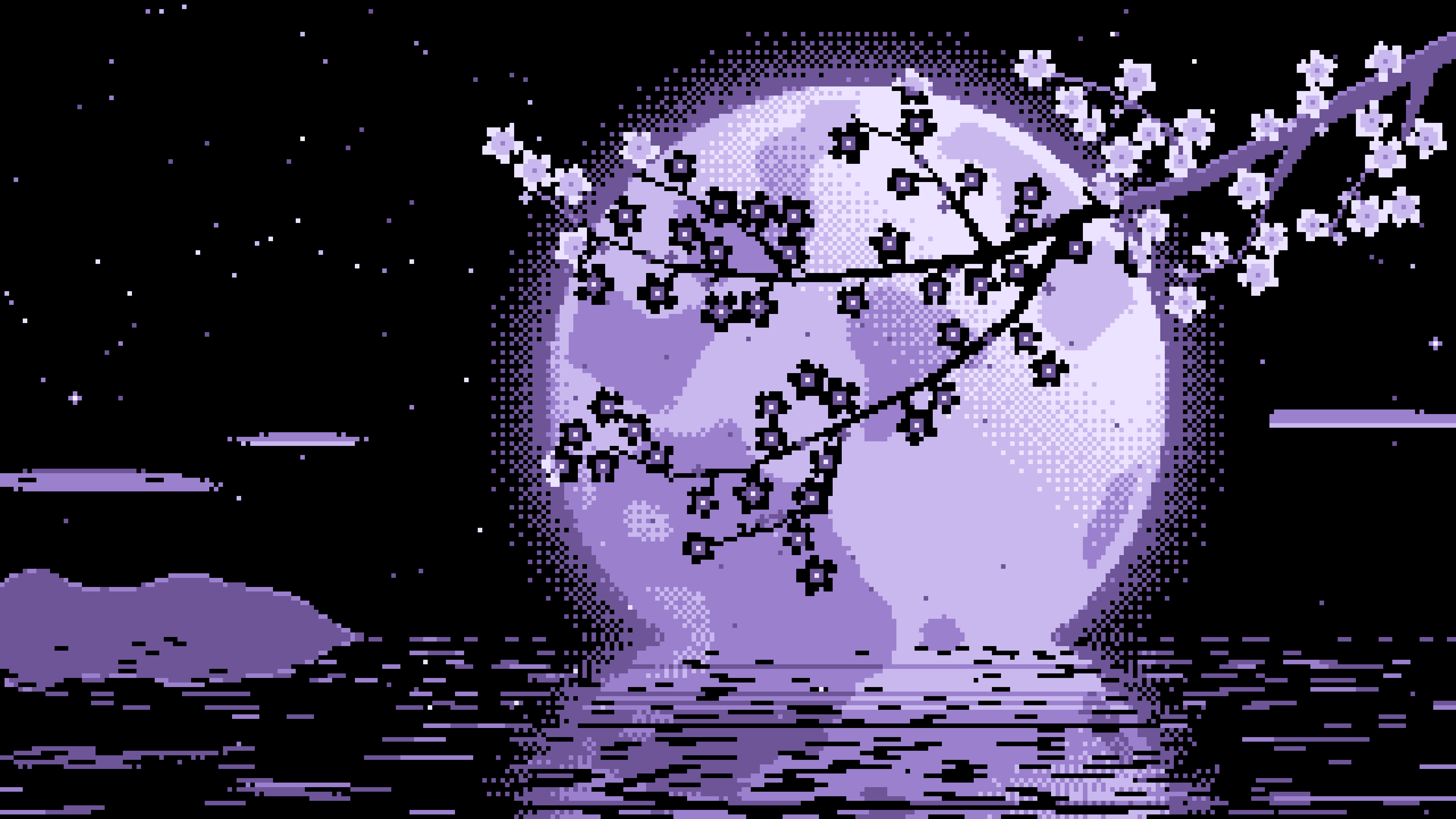 Lavender Pixel Art Cherry Blossom Branch and Full Moon desktop wallpaper in 4K
