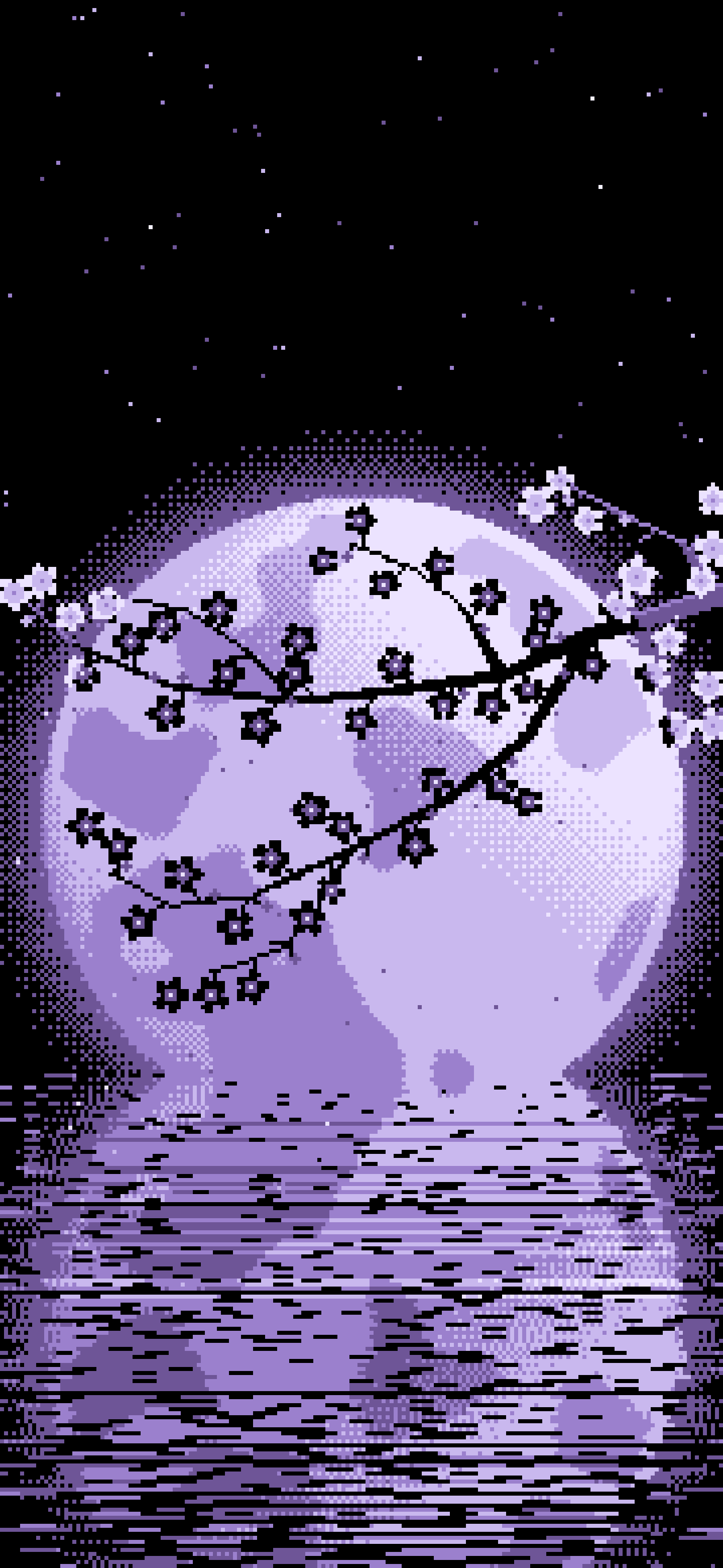 Lavender Pixel Art Cherry Blossom Branch and Full Moon wallpaper for iPhone and Android