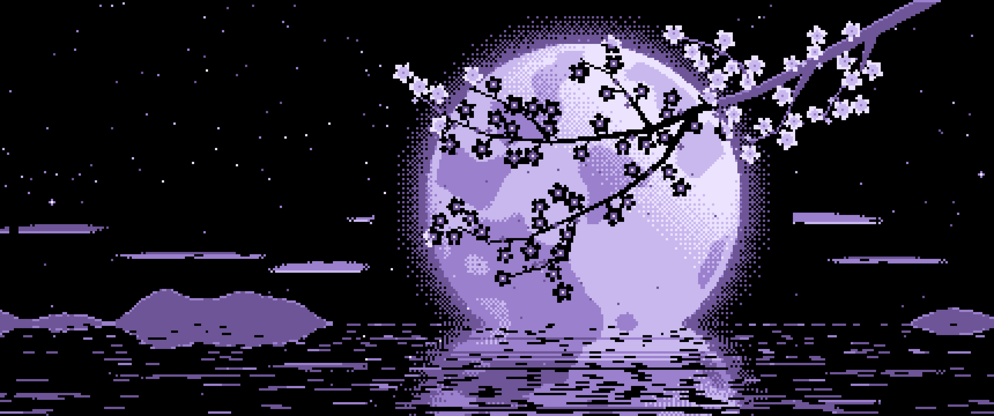 Lavender Pixel Art Cherry Blossom Branch and Full Moon ultrawide wallpaper, 3440 × 1440