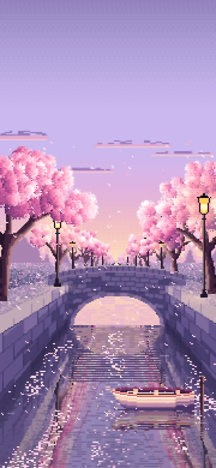 Lavender Pixel Art Cherry Blossom Canal at Dusk wallpaper for iPhone and Android