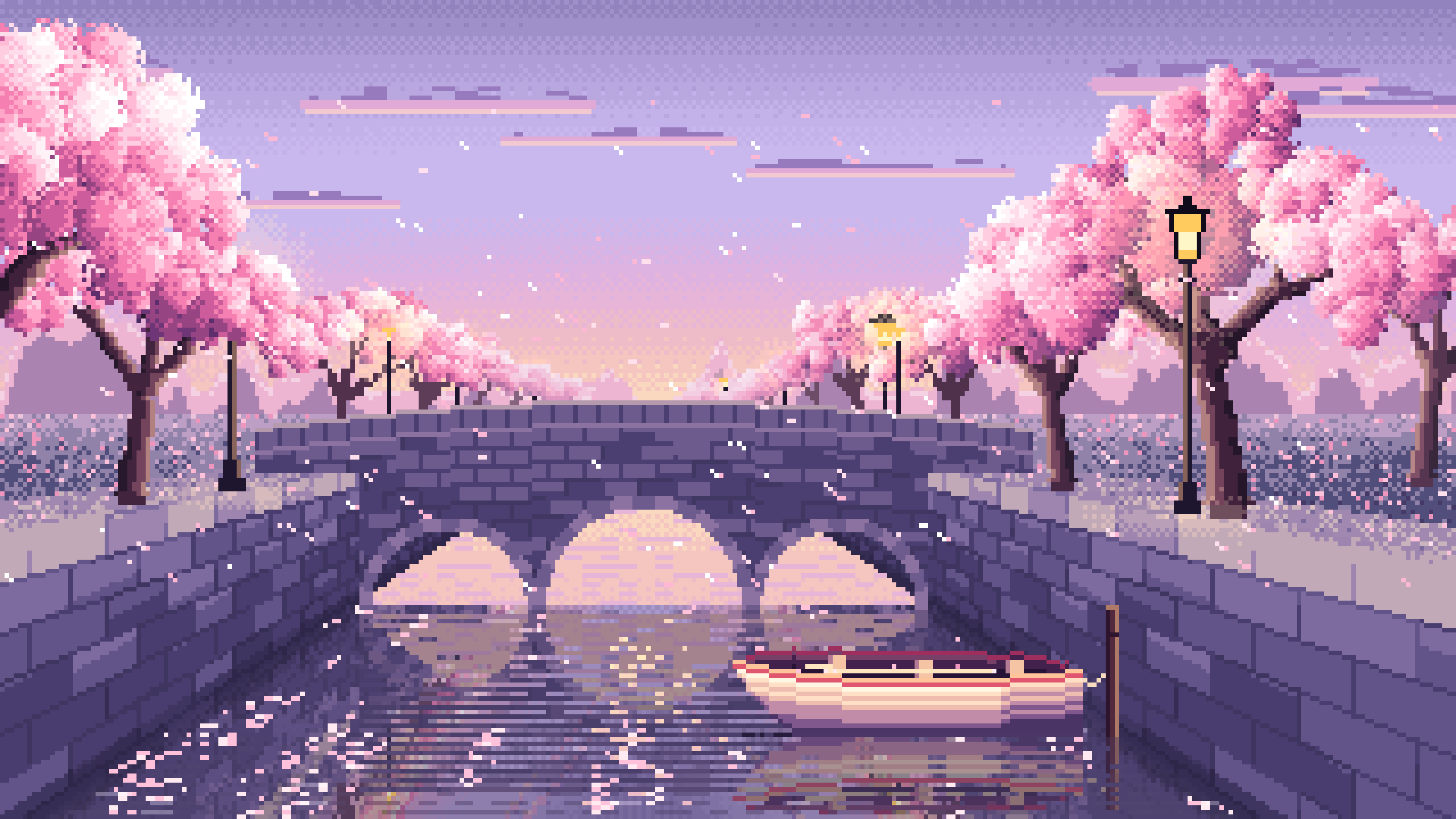 Lavender Pixel Art Cherry Blossom Canal at Dusk desktop wallpaper in 4K