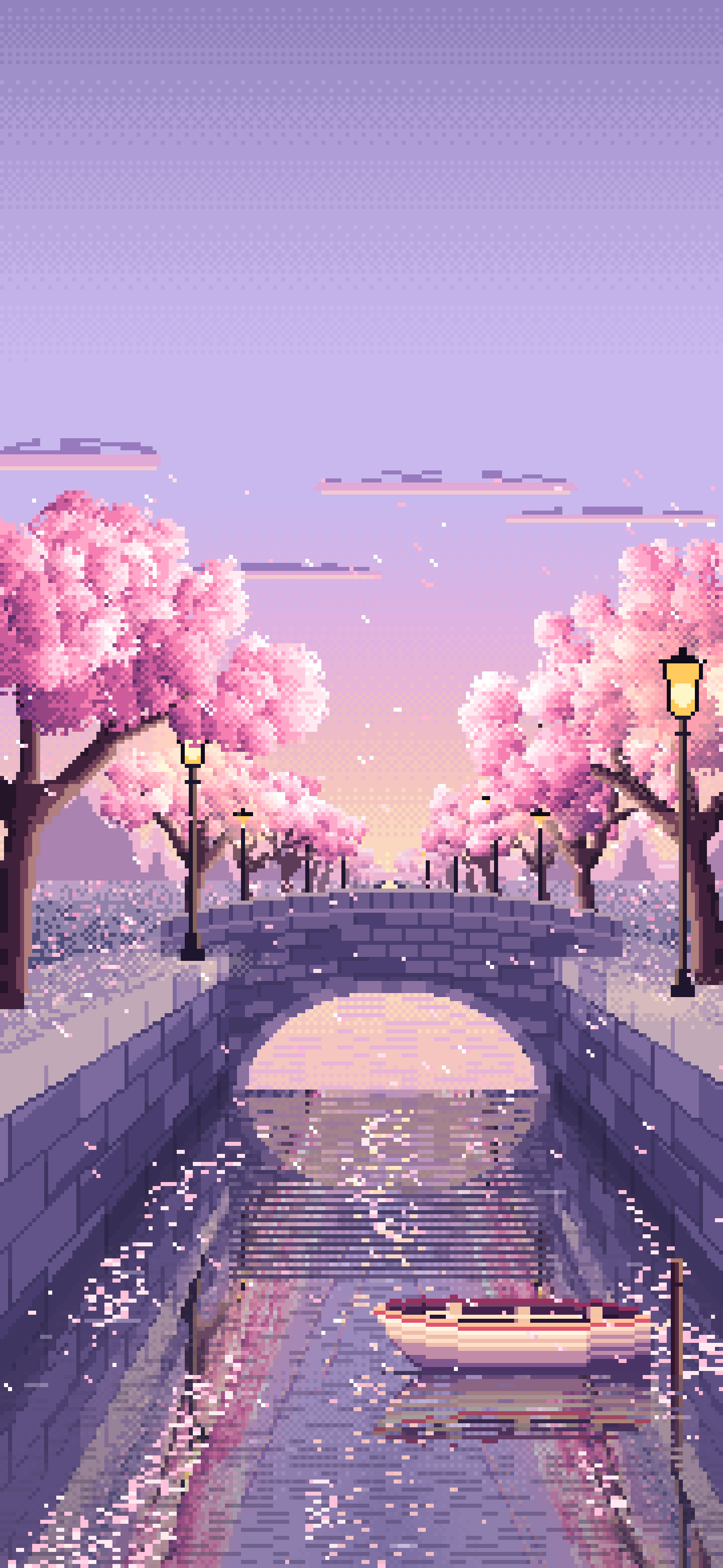 Lavender Pixel Art Cherry Blossom Canal at Dusk wallpaper for iPhone and Android