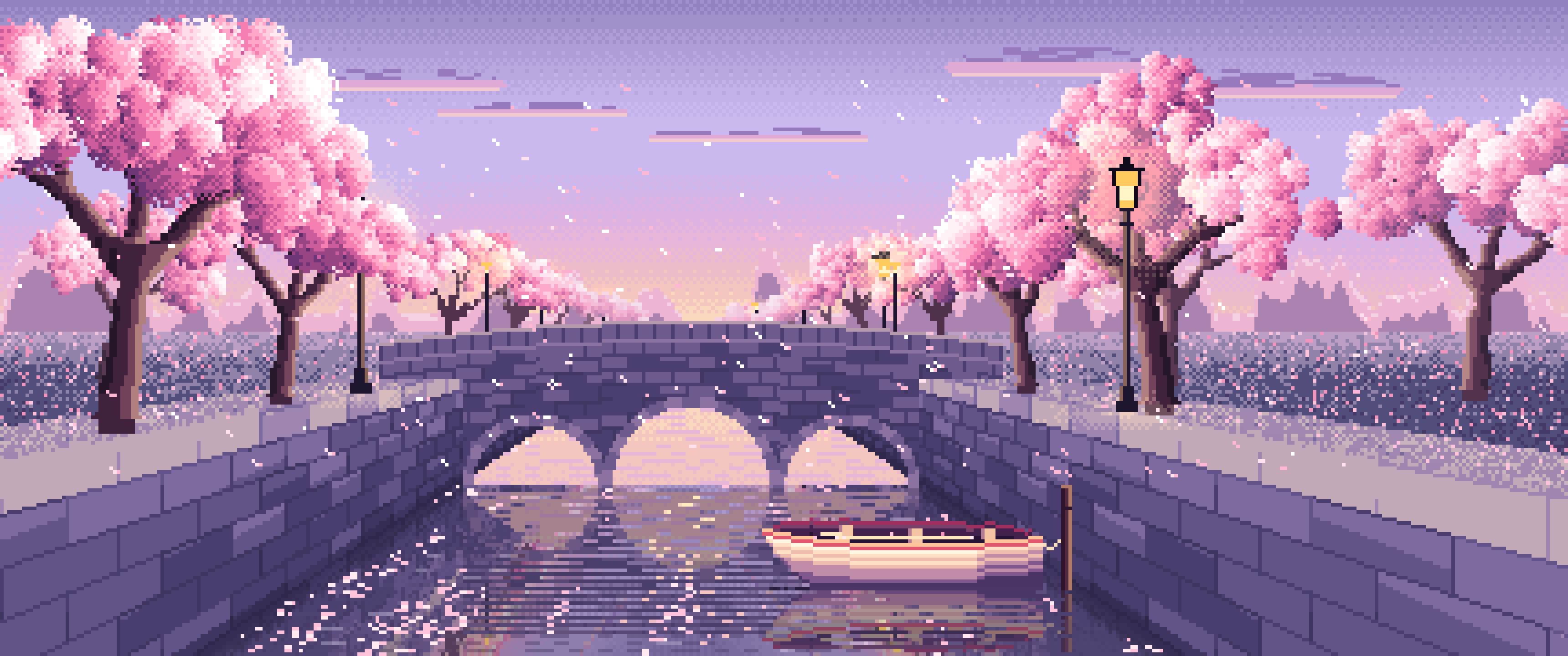 Lavender Pixel Art Cherry Blossom Canal at Dusk ultrawide wallpaper, 3440 × 1440