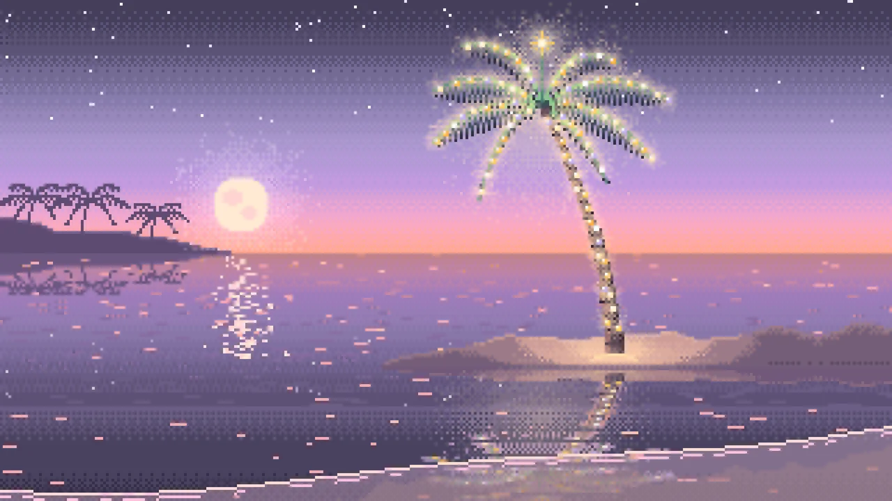Lavender Pixel Art Christmas Palm Tree on the Beach desktop wallpaper in 4K