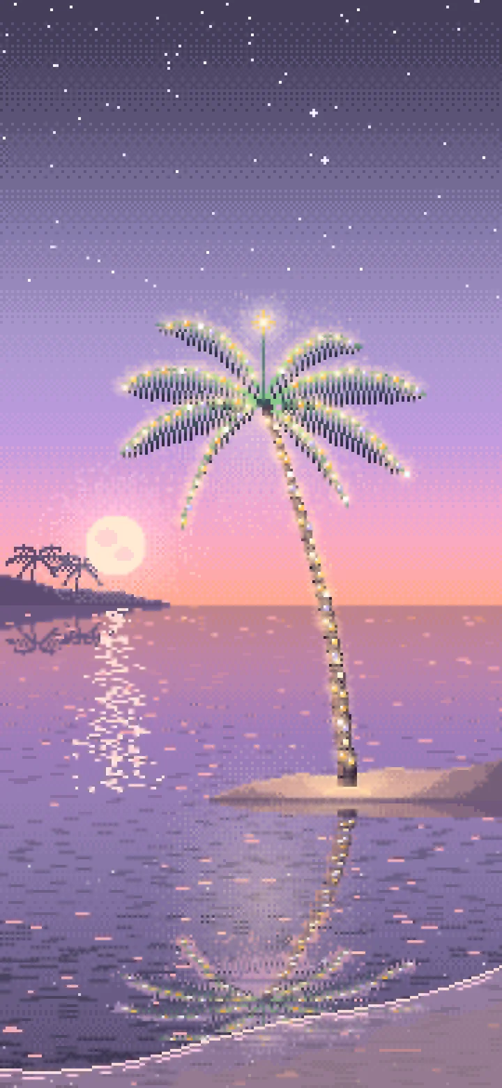 Lavender Pixel Art Christmas Palm Tree on the Beach wallpaper for iPhone and Android