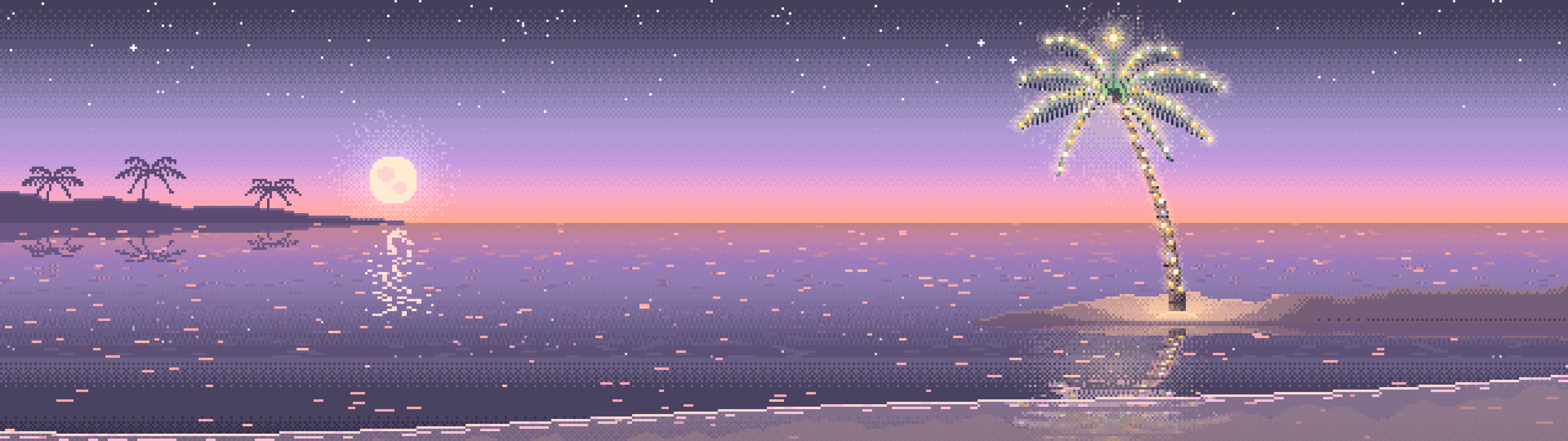 Lavender Pixel Art Christmas Palm Tree on the Beach dual monitor wallpaper, 7680 × 2160