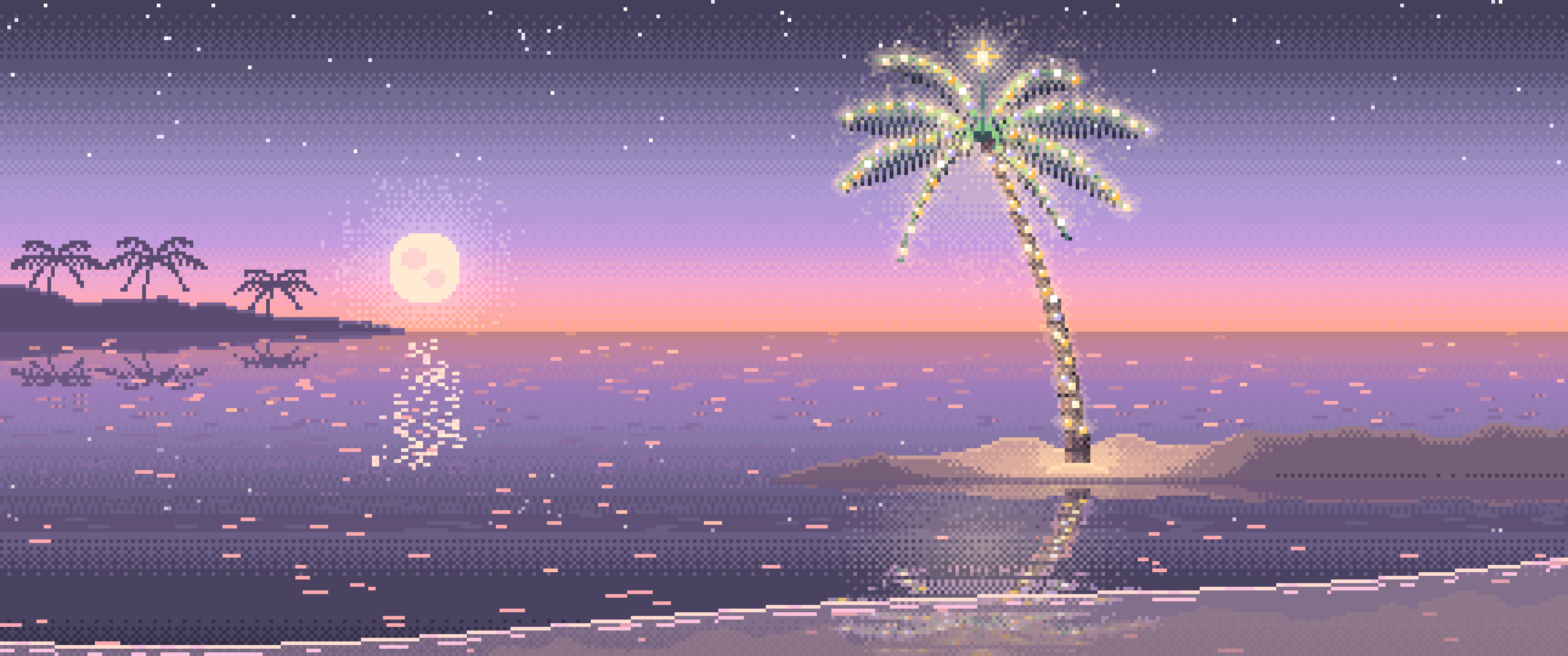 Lavender Pixel Art Christmas Palm Tree on the Beach ultrawide wallpaper, 3440 × 1440