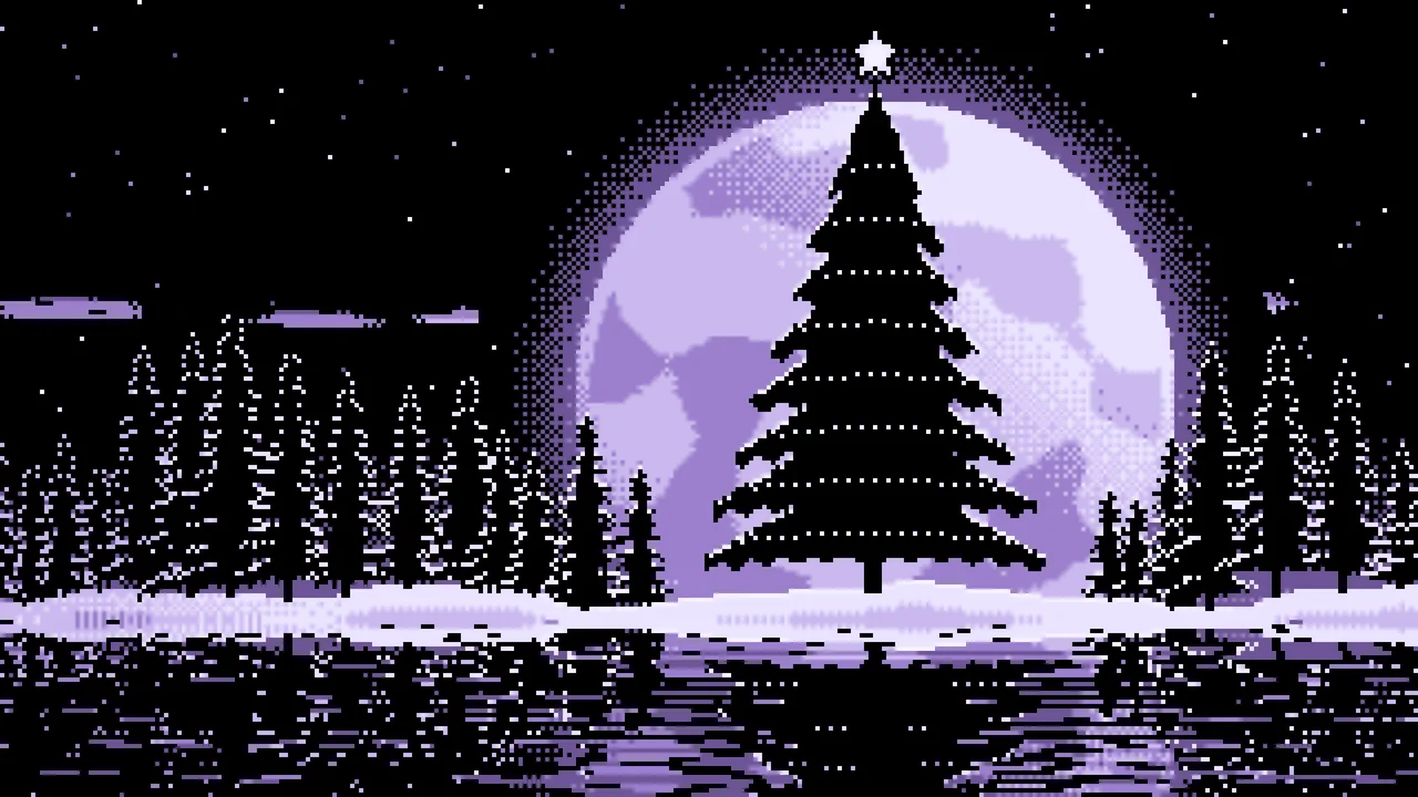 Lavender Pixel Art Christmas Tree and Full Moon desktop wallpaper in 4K