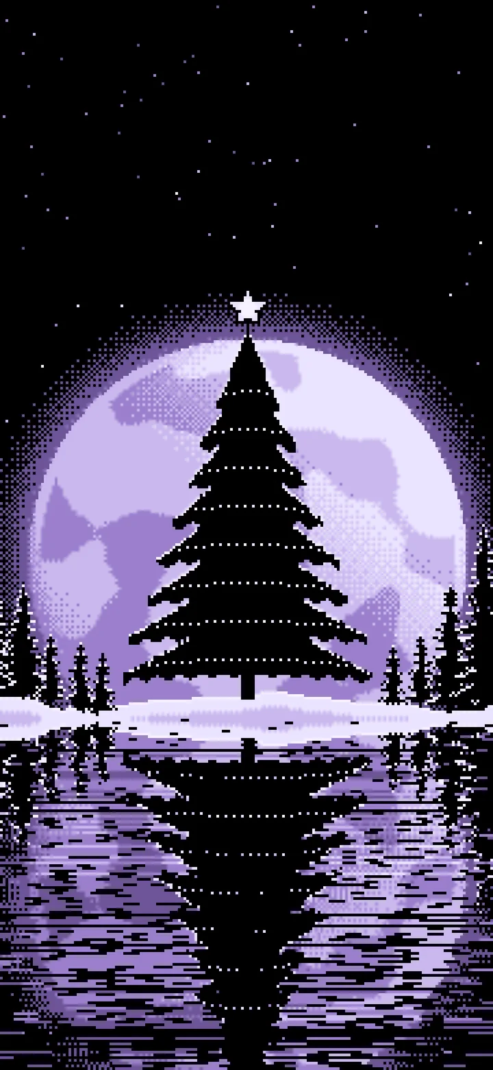 Lavender Pixel Art Christmas Tree and Full Moon wallpaper for iPhone and Android