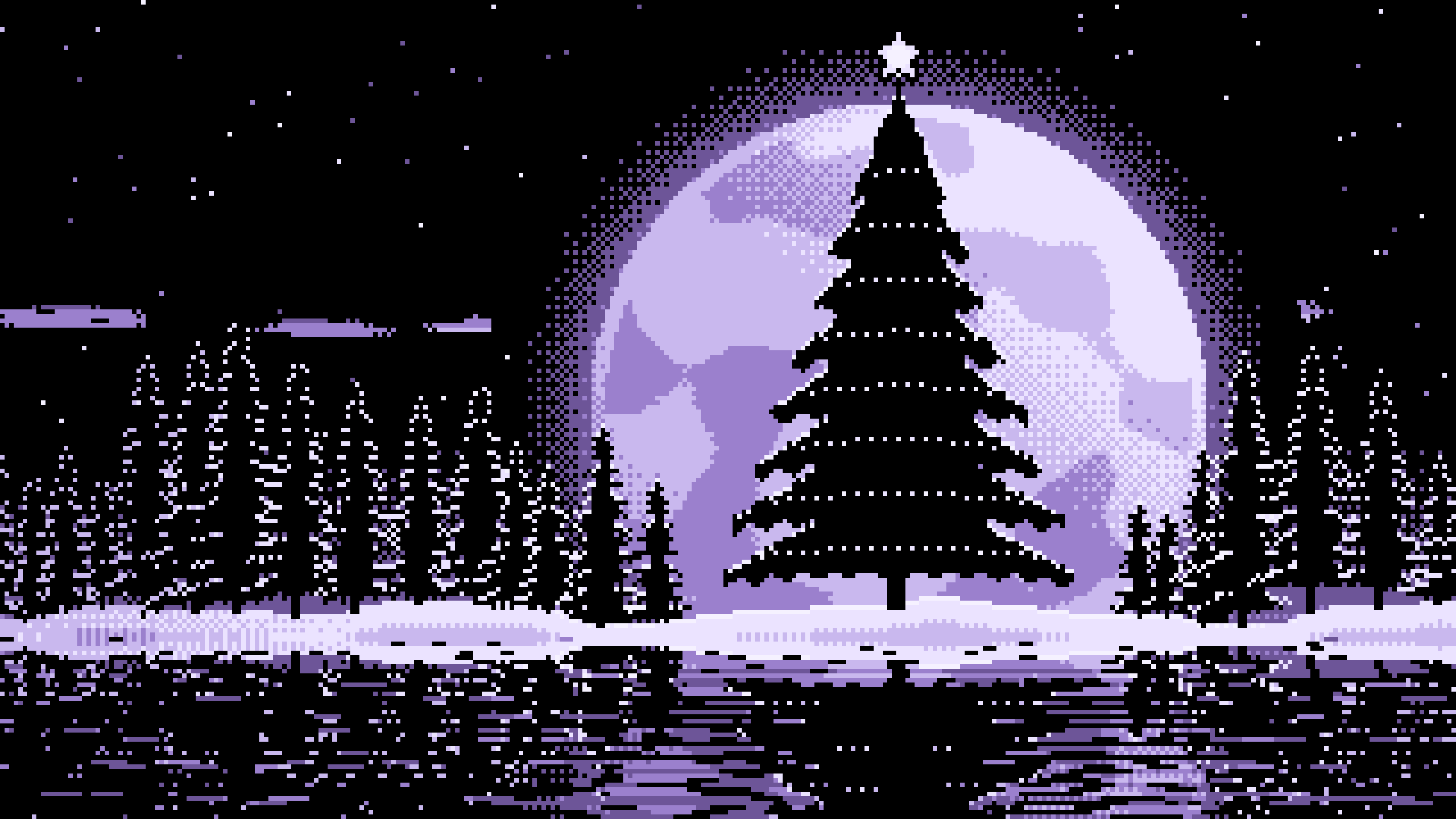 Lavender Pixel Art Christmas Tree and Full Moon desktop wallpaper in 4K