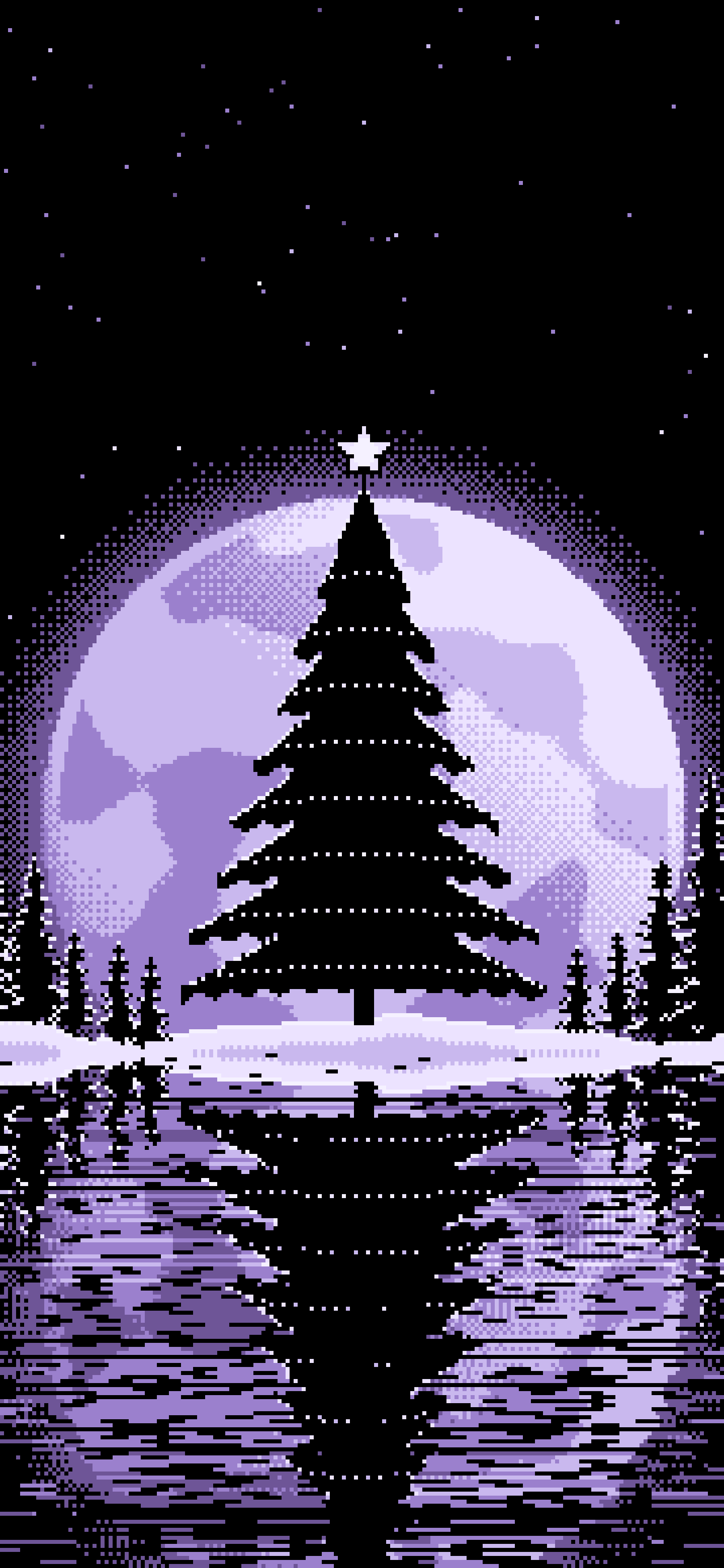 Lavender Pixel Art Christmas Tree and Full Moon wallpaper for iPhone and Android