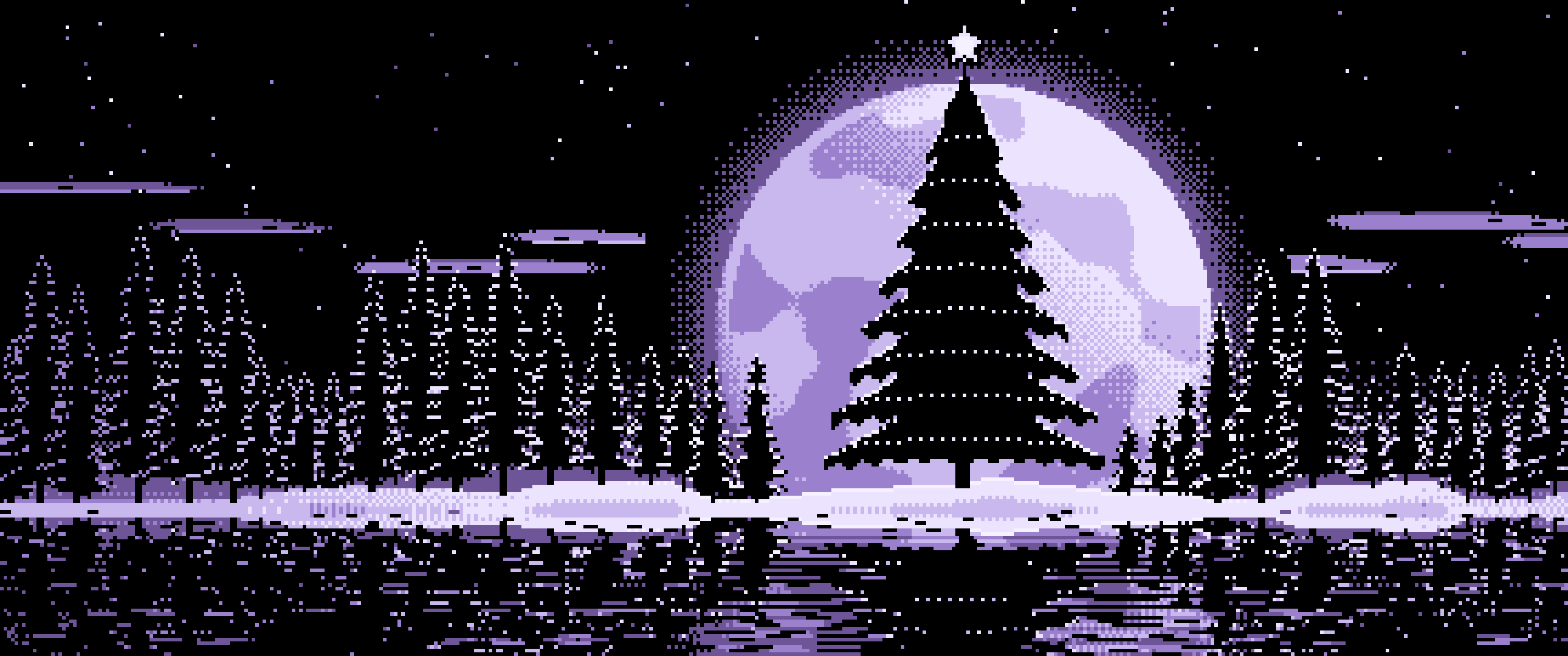 Lavender Pixel Art Christmas Tree and Full Moon ultrawide wallpaper, 3440 × 1440