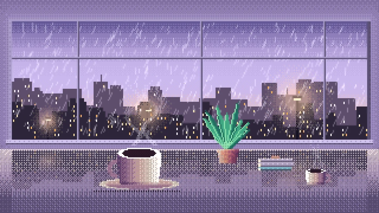 Lavender Pixel Art Coffee by a Rainy Window desktop wallpaper in 4K