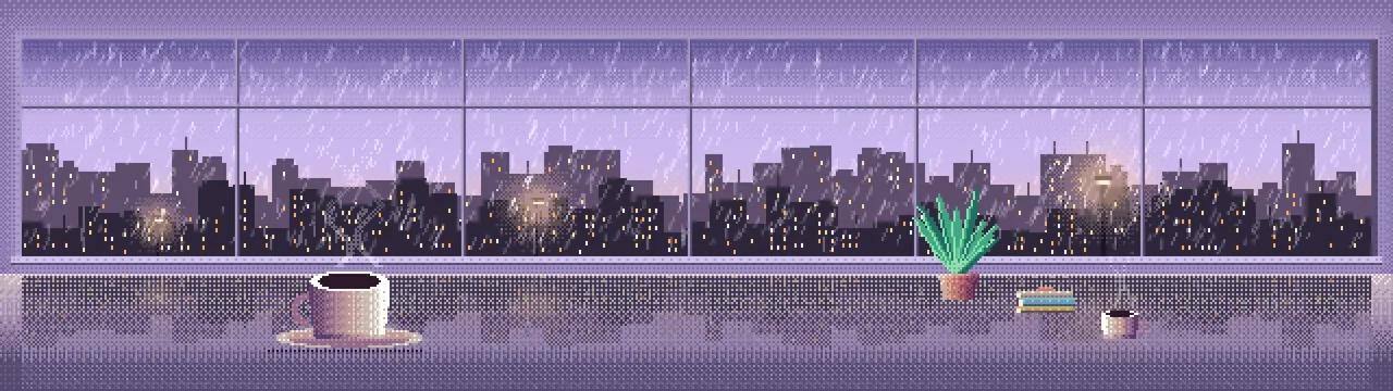 Lavender Pixel Art Coffee by a Rainy Window dual monitor wallpaper, 7680 × 2160