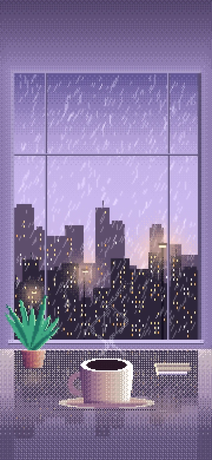 Lavender Pixel Art Coffee by a Rainy Window wallpaper for iPhone and Android