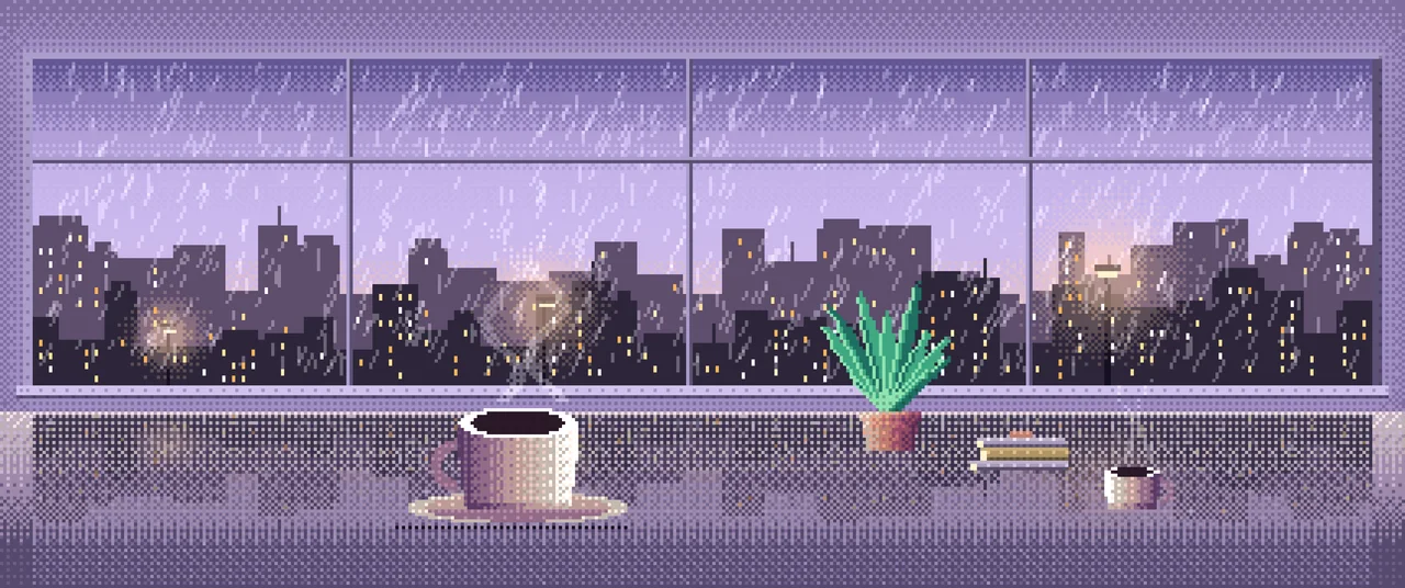 Lavender Pixel Art Coffee by a Rainy Window ultrawide wallpaper, 3440 × 1440