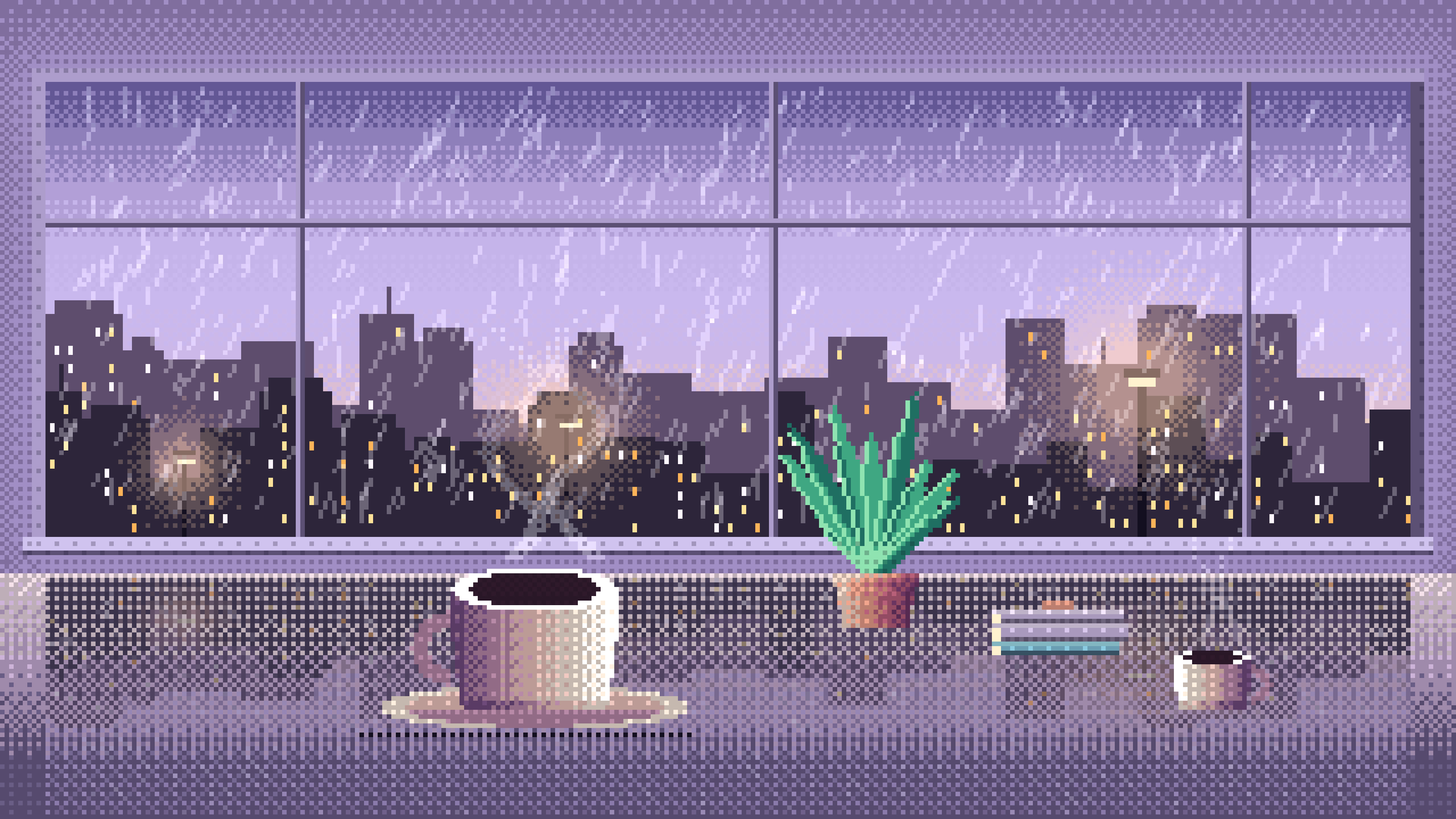 Lavender Pixel Art Coffee by a Rainy Window desktop wallpaper in 4K
