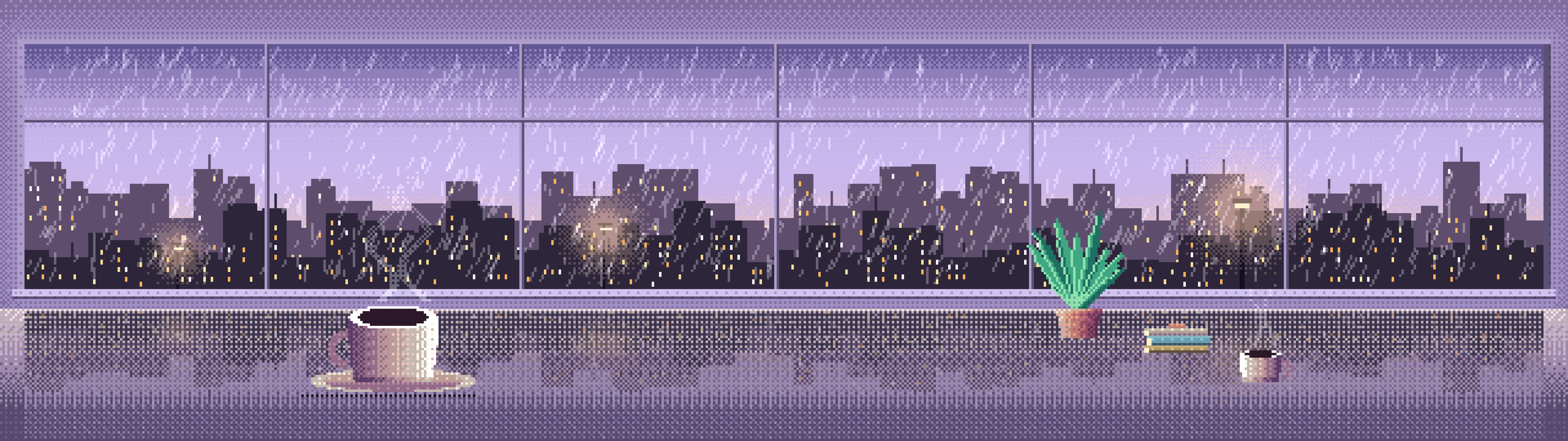 Lavender Pixel Art Coffee by a Rainy Window dual monitor wallpaper, 7680 × 2160