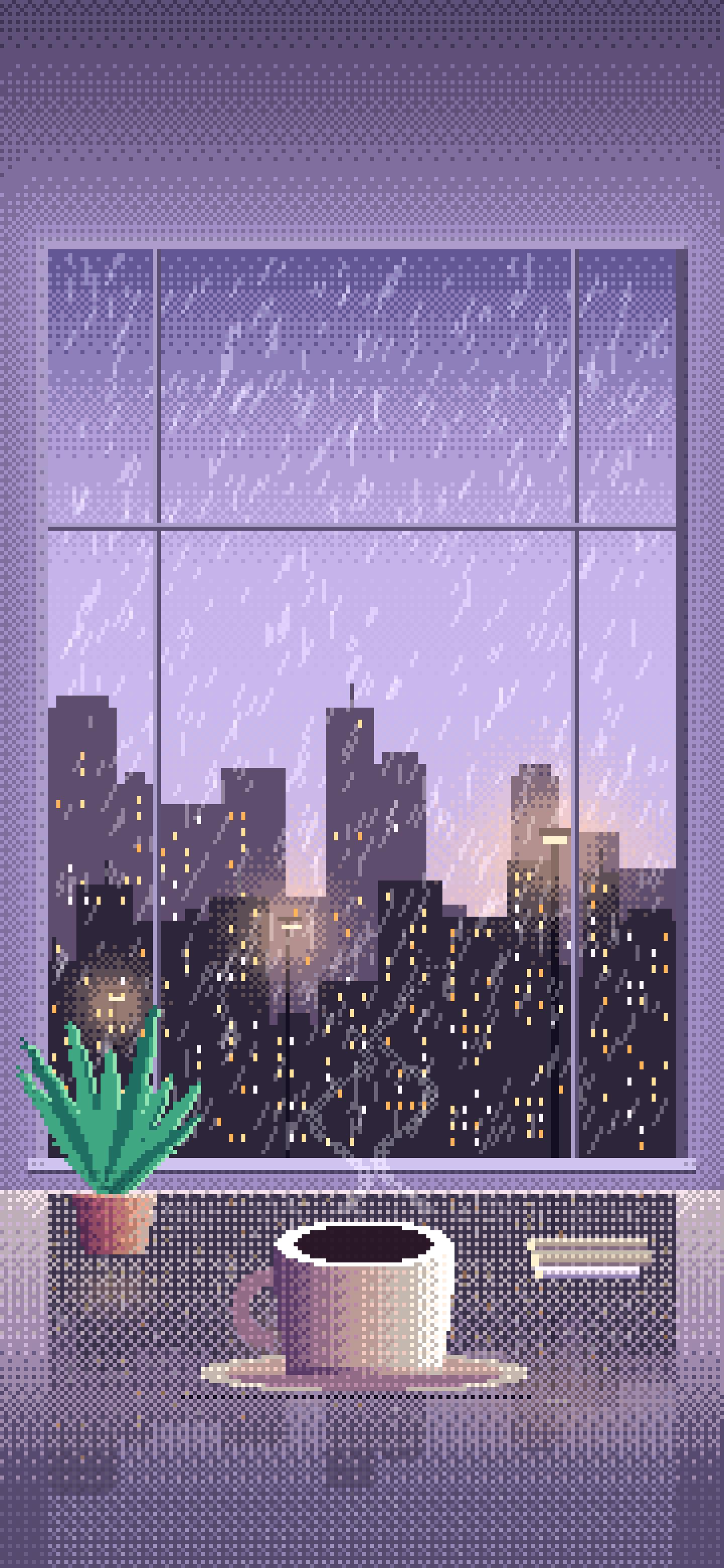 Lavender Pixel Art Coffee by a Rainy Window wallpaper for iPhone and Android