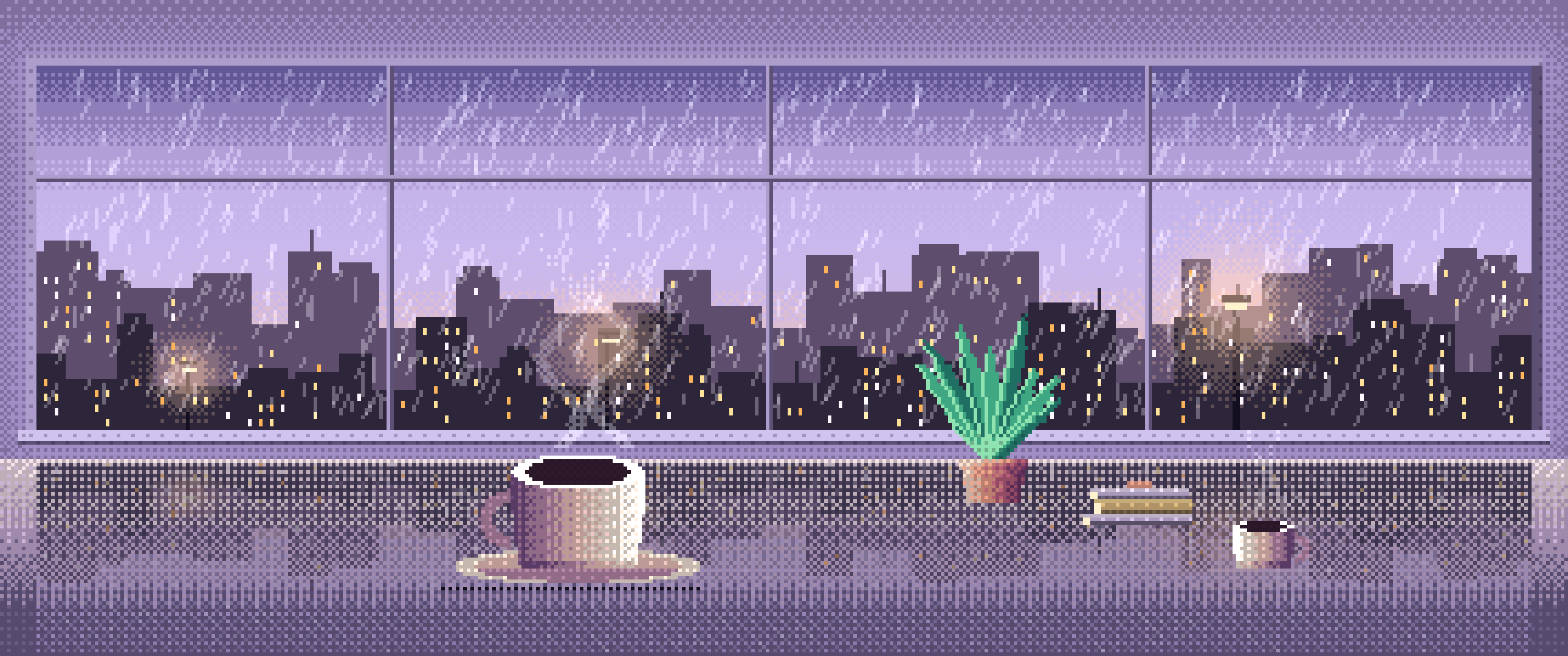 Lavender Pixel Art Coffee by a Rainy Window ultrawide wallpaper, 3440 × 1440
