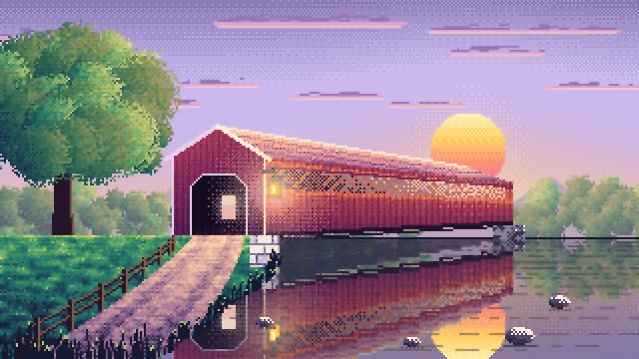 Lavender Pixel Art Covered Bridge at Sunset desktop wallpaper in 4K
