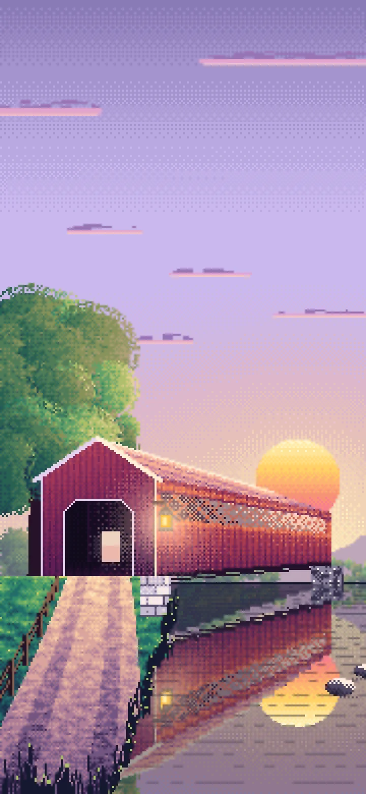 Lavender Pixel Art Covered Bridge at Sunset wallpaper for iPhone and Android