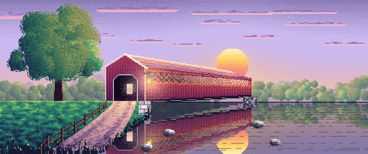 Lavender Pixel Art Covered Bridge at Sunset ultrawide wallpaper, 3440 × 1440