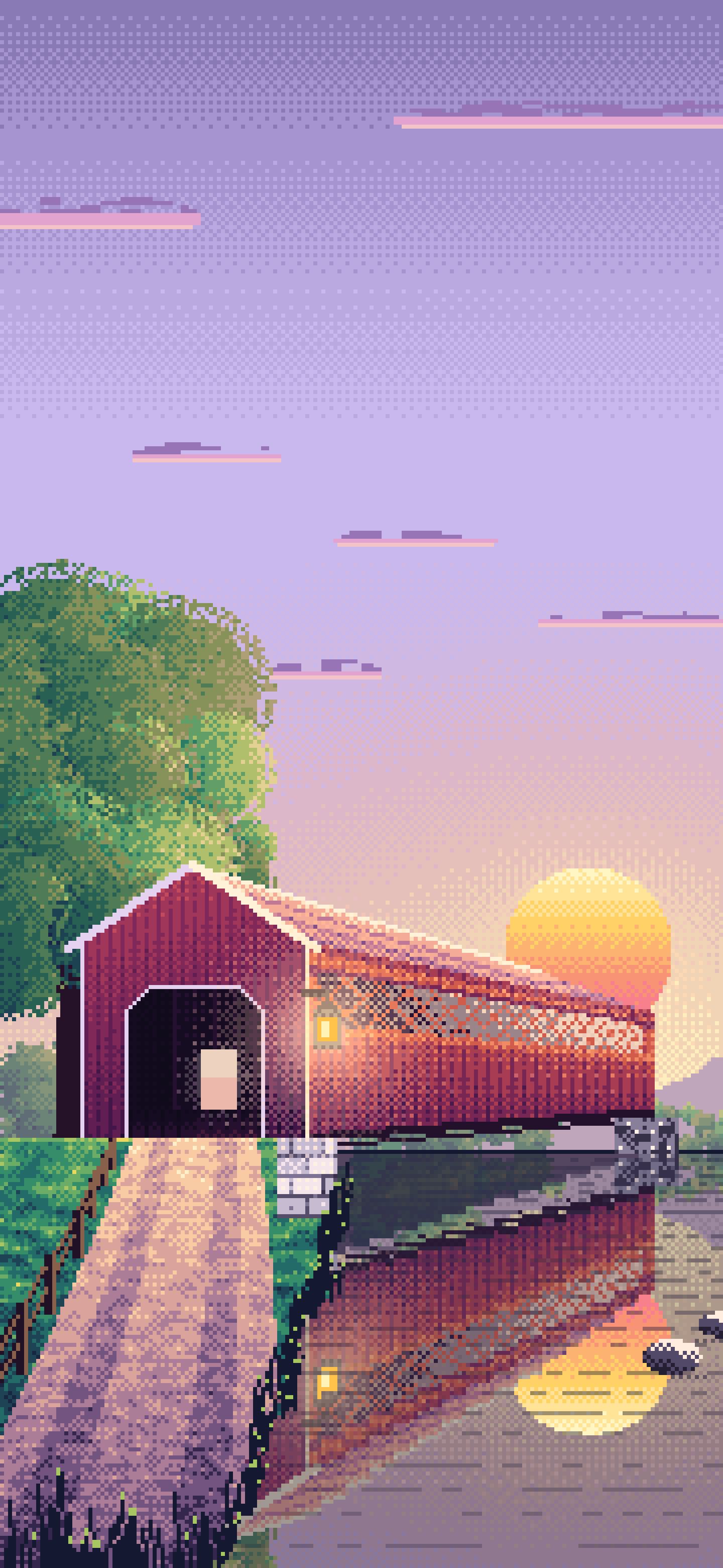 Lavender Pixel Art Covered Bridge at Sunset wallpaper for iPhone and Android