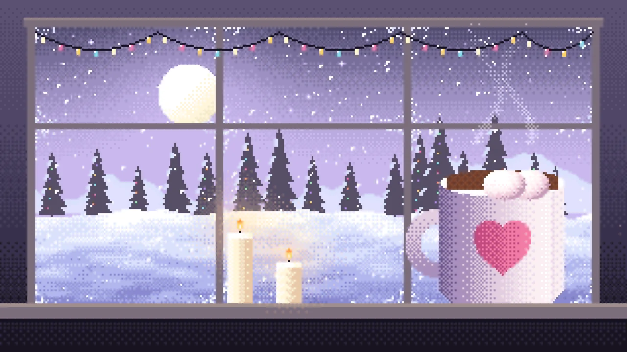 Lavender Pixel Art Cozy Winter Window desktop wallpaper in 4K