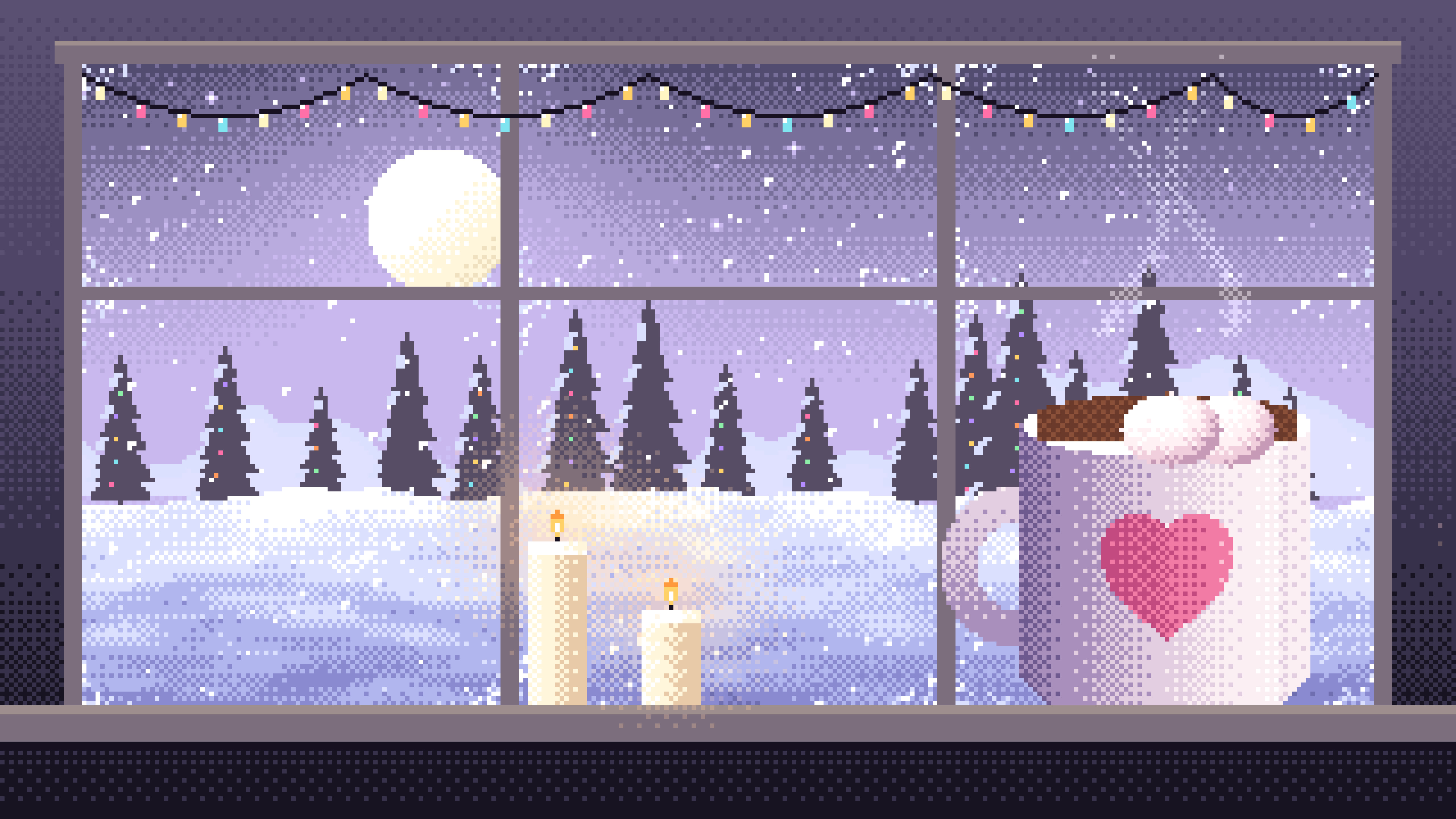 Lavender Pixel Art Cozy Winter Window desktop wallpaper in 4K