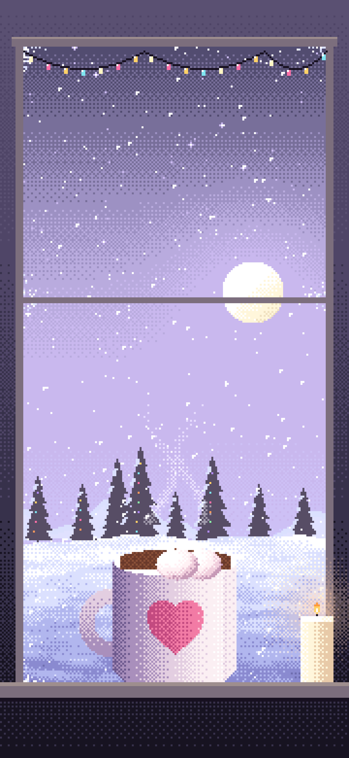 Lavender Pixel Art Cozy Winter Window wallpaper for iPhone and Android