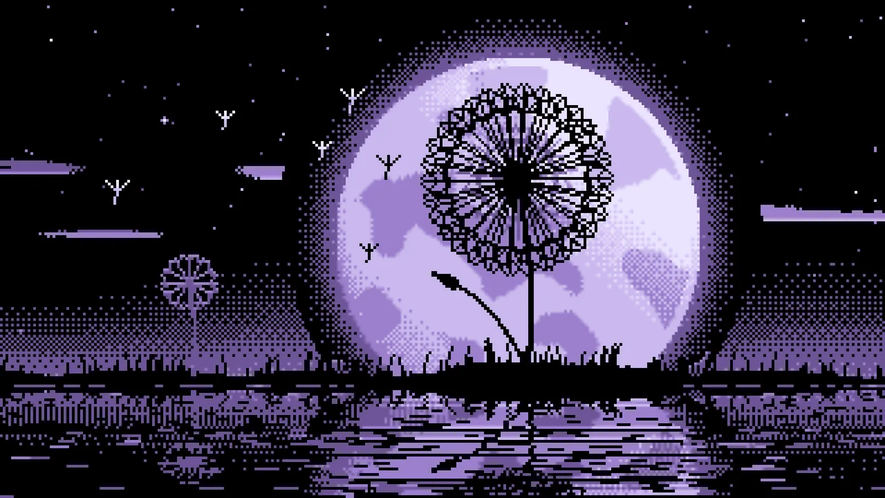 Lavender Pixel Art Dandelion and Full Moon desktop wallpaper in 4K