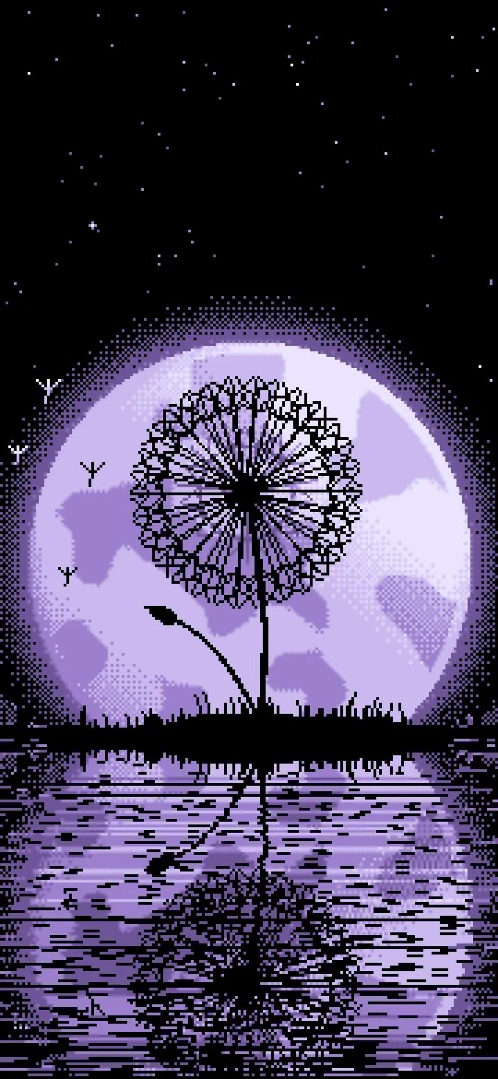 Lavender Pixel Art Dandelion and Full Moon wallpaper for iPhone and Android